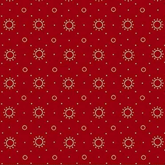 Repeating pattern of white suns and small circles on a red fabric.