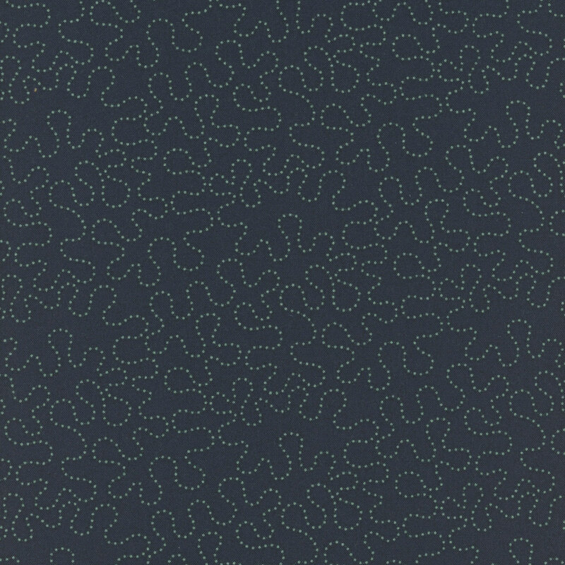 White dotted swirling lines on a dark blue fabric.