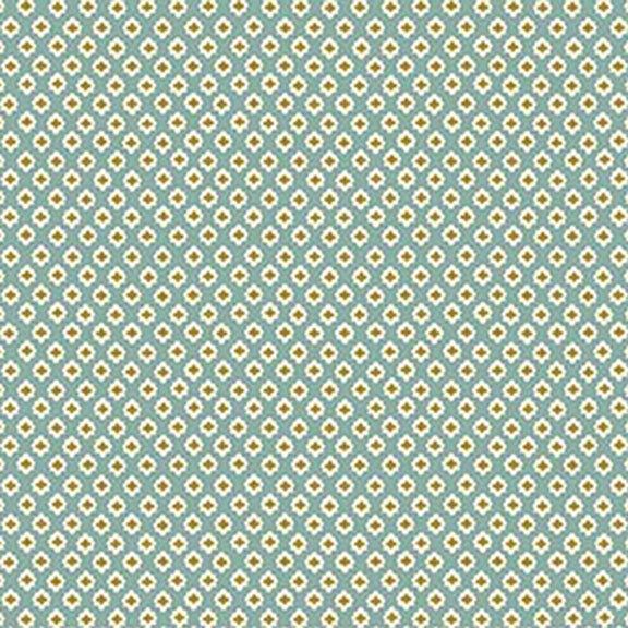 Aqua fabric featuring ditsy print in beige geometric patterns.