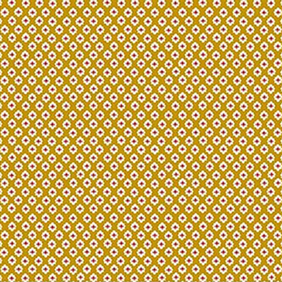 Yellow fabric featuring ditsy print in brown geometric patterns.