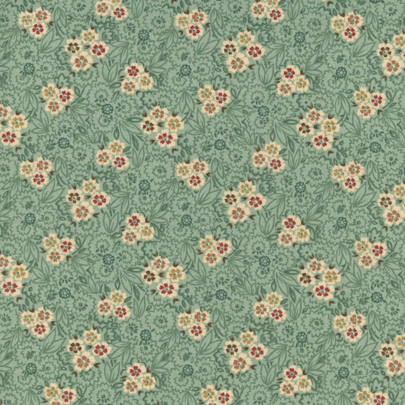 Aqua fabric featuring scattered yellow, red, and blue flowers with teal swirling vines.