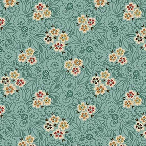 Aqua fabric featuring scattered yellow, red, and blue flowers with teal swirling vines.
