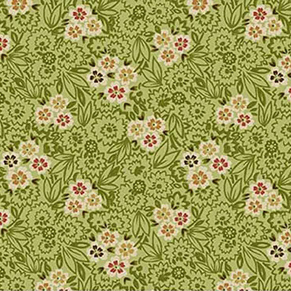 Green fabric featuring scattered yellow, red, and blue flowers with dark green swirling vines.