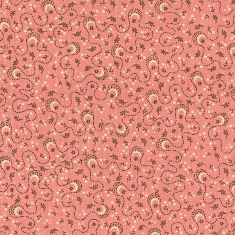 Pink fabric featuring a ditsy print of tan flowers and swirling black dotted lines.