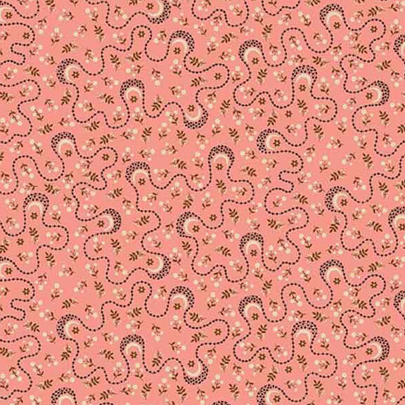 Pink fabric featuring a ditsy print of tan flowers and swirling black dotted lines.