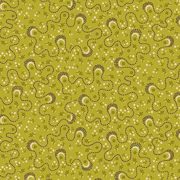 Green fabric featuring a ditsy print of white flowers and swirling brown dotted lines.