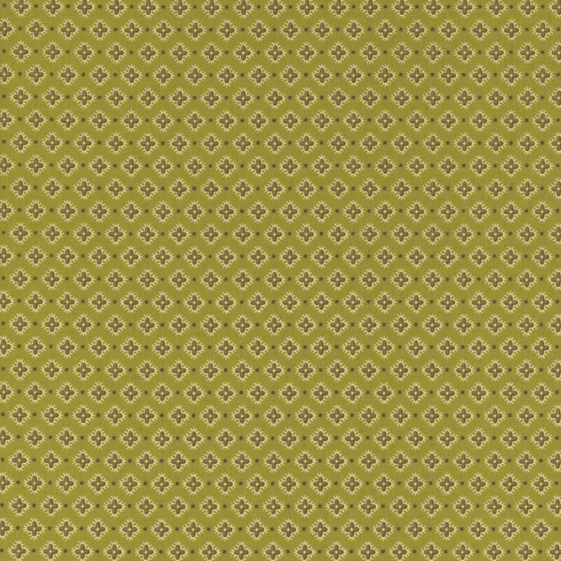 Green fabric with half-drop green hibiscus flowers.