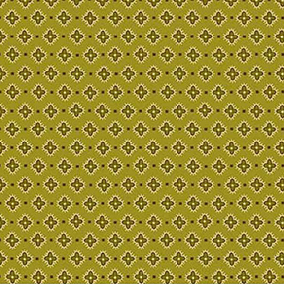 Green fabric with half-drop green hibiscus flowers.