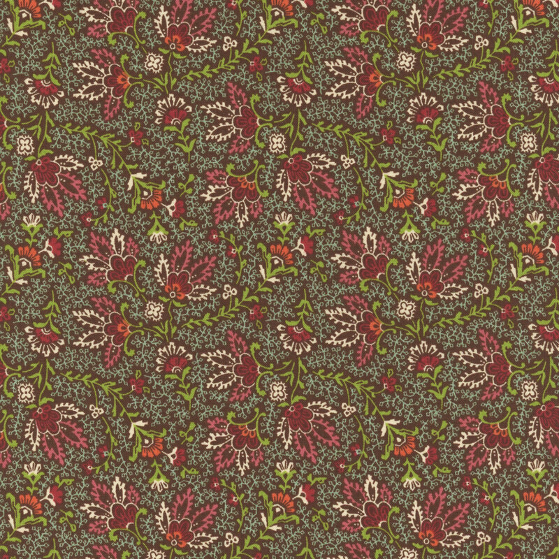 Brown fabric with white prairie blossom flowers and green leaf patterns.