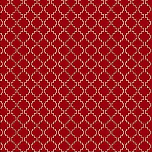 Red fabric with a repeating white geometric pattern.
