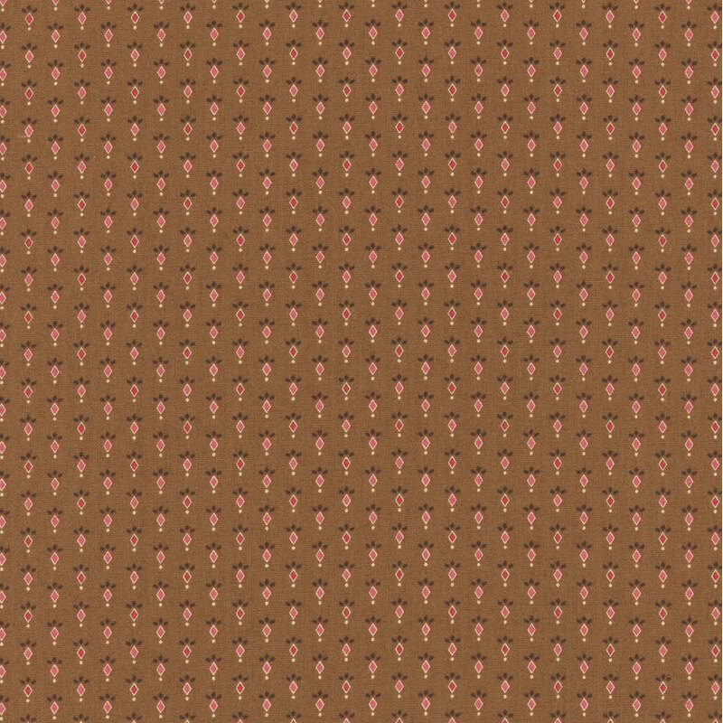 Brown fabric with half-drop red peppercorn flowers.