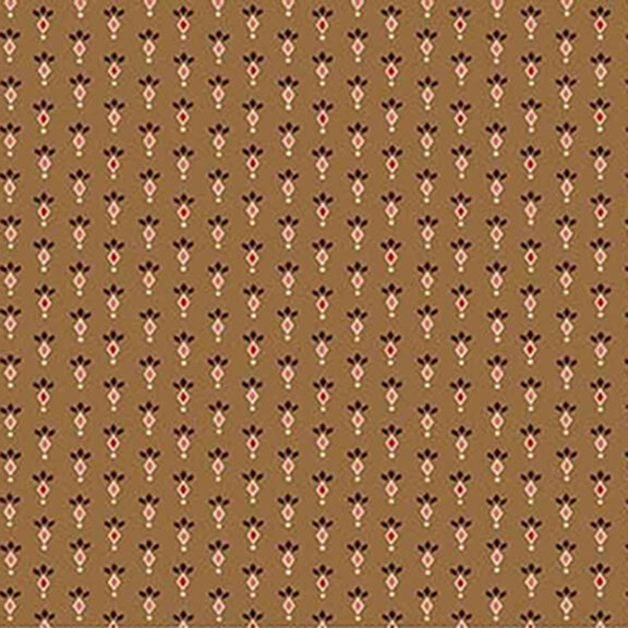 Brown fabric with half-drop red peppercorn flowers.