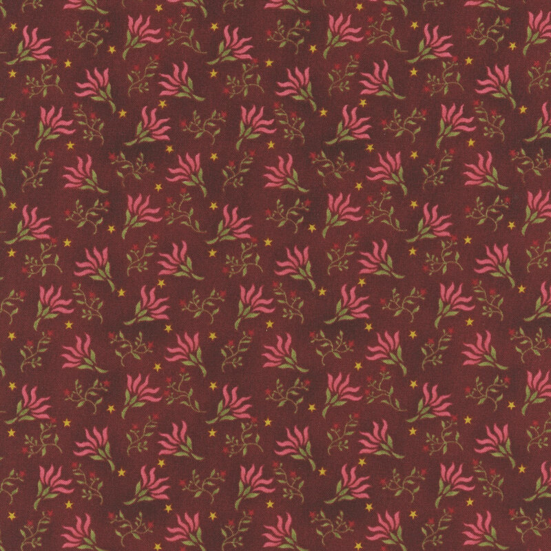 Dark red fabric tossed with pink and red flowers and green stems.