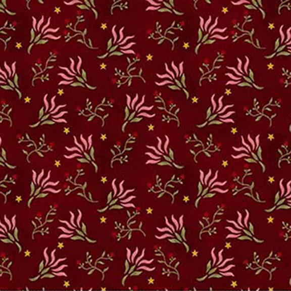 Dark red fabric tossed with pink and red flowers and green stems.