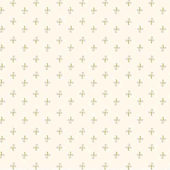 Cream fabric with a ditsy print of green tulips.