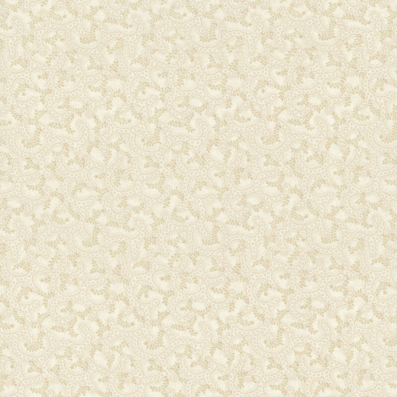 Cream fabric with tonal swirling vines and leaf patterns.