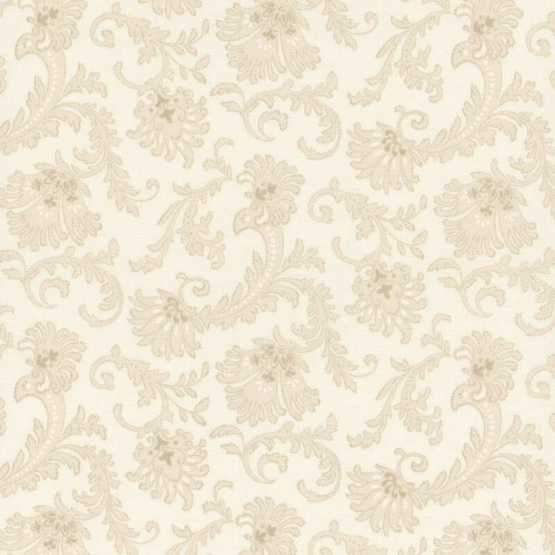 Cream fabric with white ornamental and floral patterns.