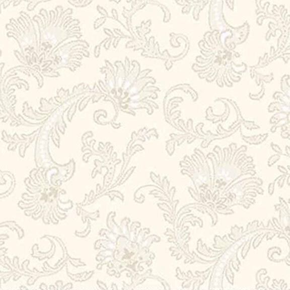Cream fabric with white ornamental and floral patterns.