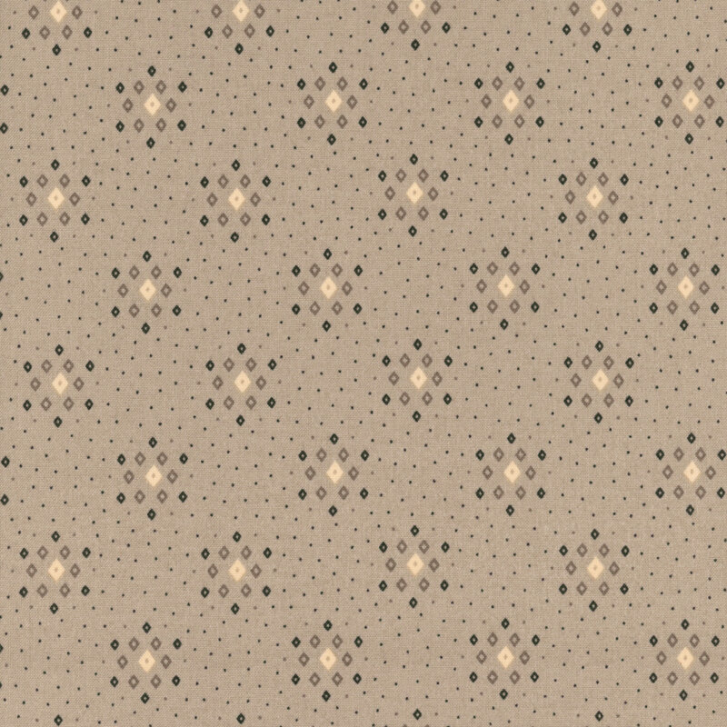 Gray fabric with clusters of blue, green, and tan diamond geometric patterns.