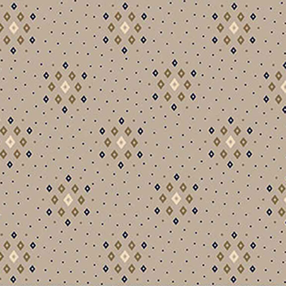 Gray fabric with clusters of blue, green, and tan diamond geometric patterns.