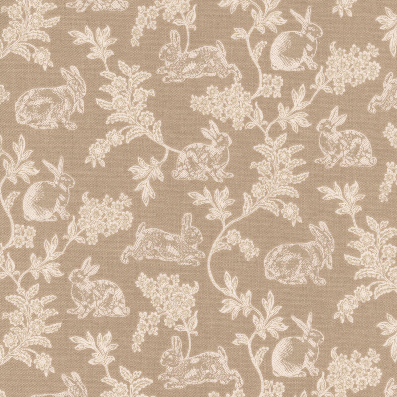 Gray fabric with a toile design in cream featuring floral patterns and rabbits.