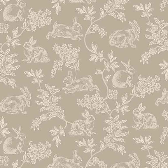Gray fabric with a toile design in cream featuring floral patterns and rabbits.