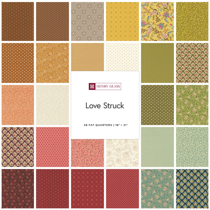 Digital collage of fabrics included in the Love Struck collection with ornamental and floral patterns in red, green, and blue.