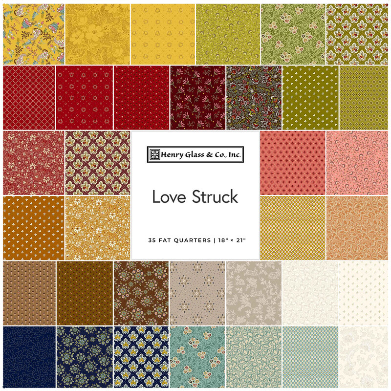 Digital collage of fabrics included in the Love Struck collection with ornamental and floral patterns in red, green, and blue.