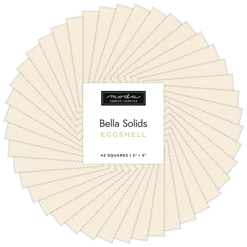 A spiral collage showing the Moda Bella Solids Eggshell charm pack set