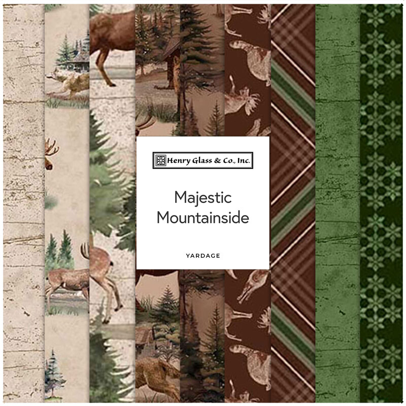 nine fabric patterns featuring nature themes, including moose and trees, with a central label reading Majestic Mountainside.