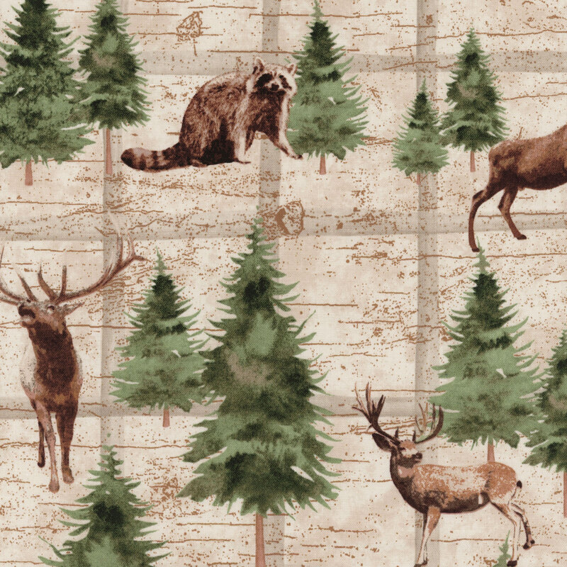 Illustration of trees surrounded by various wildlife: deer, moose, bear, and raccoon in a natural setting.