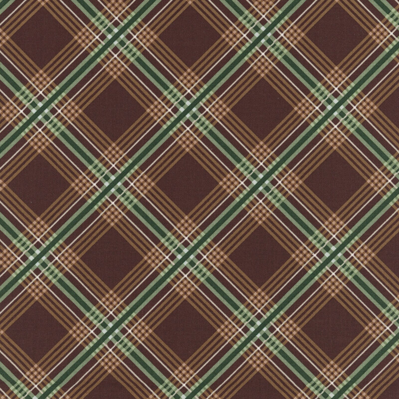 Brown plaid pattern with green and white lines forming diamonds and intersecting squares.