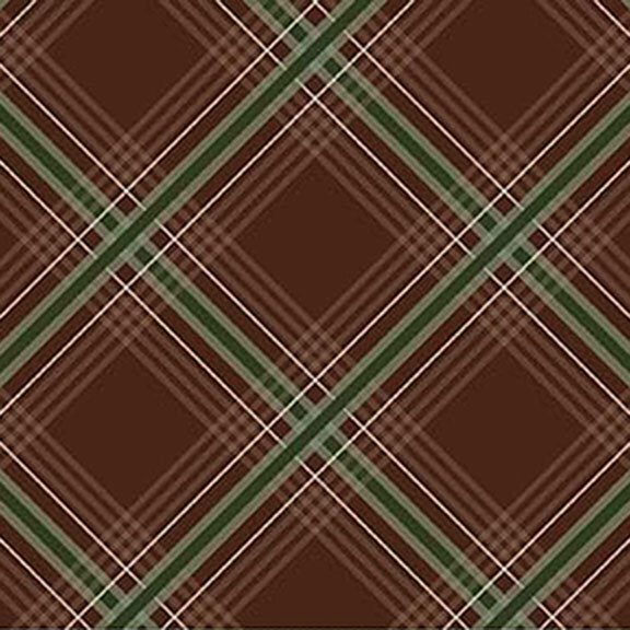 Brown plaid pattern with green and white lines forming diamonds and intersecting squares.