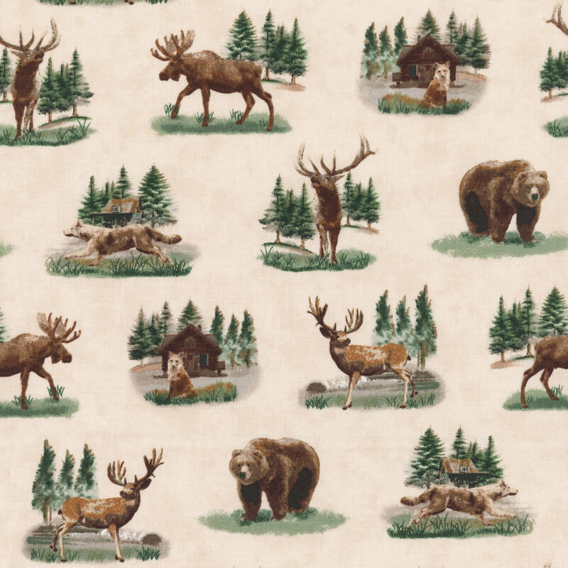 A rustic pattern featuring bears, deer, a moose, a coyote, and forest scenery with cabins.