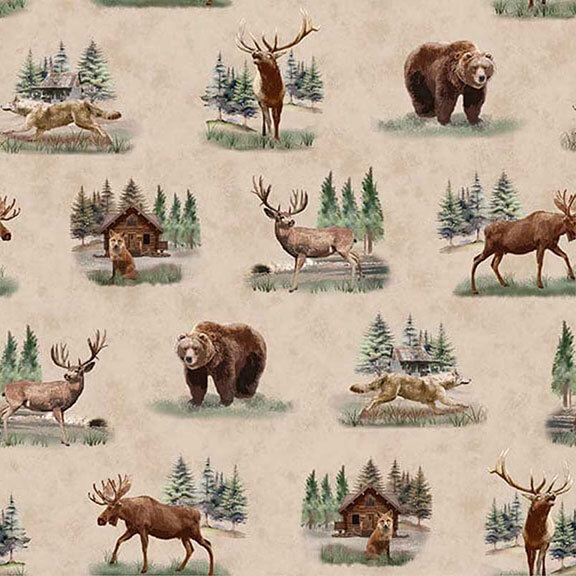A rustic pattern featuring bears, deer, a moose, a coyote, and forest scenery with cabins.