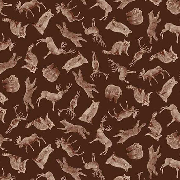 A repeated pattern of various animals, including deer, raccoons, and bears, on a brown background.