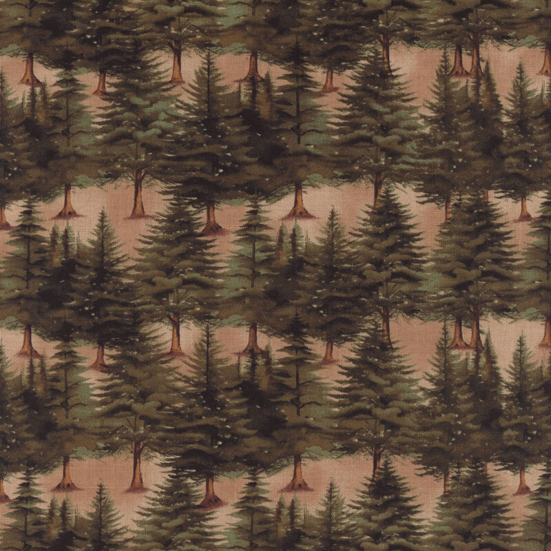 A repeating pattern of evergreen trees on a muted brown background.