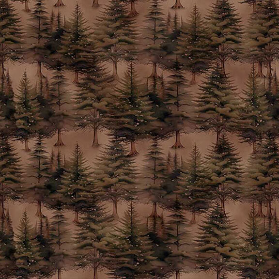 A repeating pattern of evergreen trees on a muted brown background.