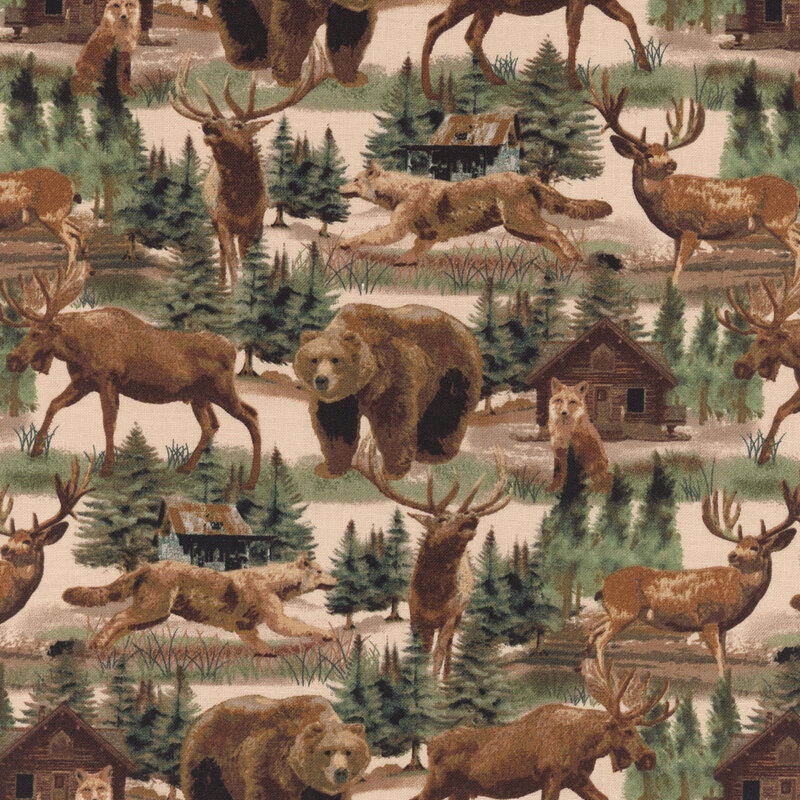 Pattern featuring moose, deer, bears, and wolves among trees and rustic cabins in a winter scene.