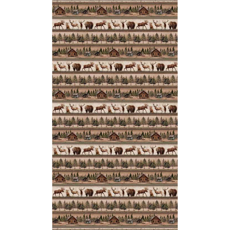 Repeating pattern of wildlife, including bears and elk, with cabins and trees in earthy tones.