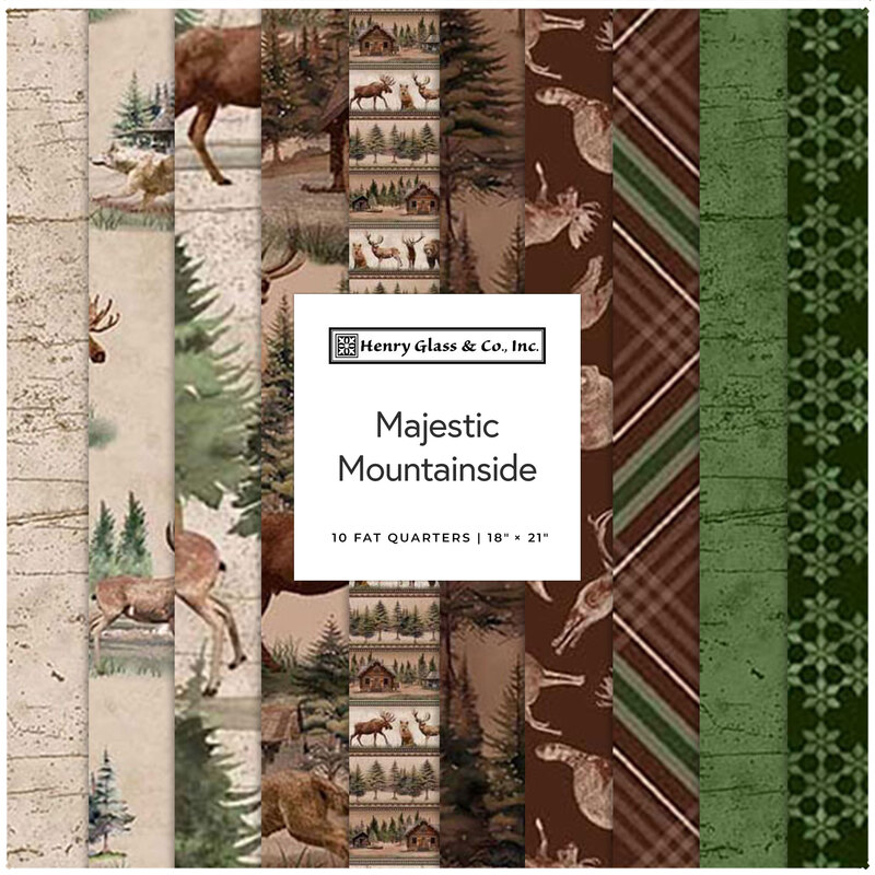 A collection of fabric patterns featuring forest and wildlife designs, labeled Majestic Mountainside.