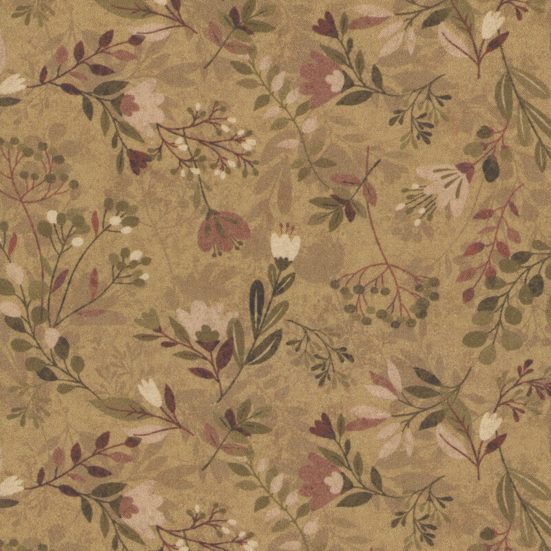 Bronze digitally printed fabric with stylized leaves and florals.