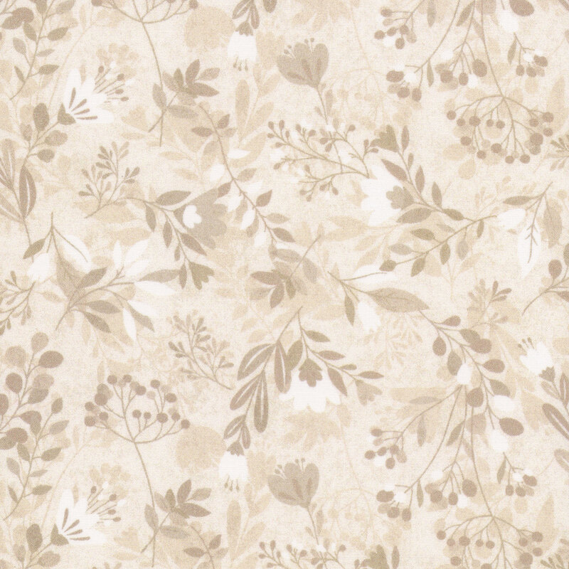Cream digitally printed fabric with stylized leaves and florals.