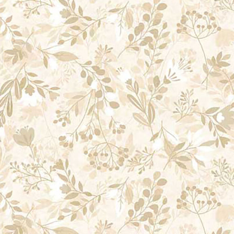 Cream digitally printed fabric with stylized leaves and florals.