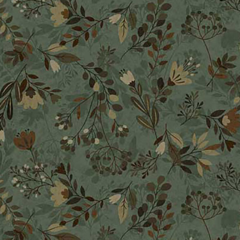 Light spruce green digitally printed fabric with stylized leaves and florals.