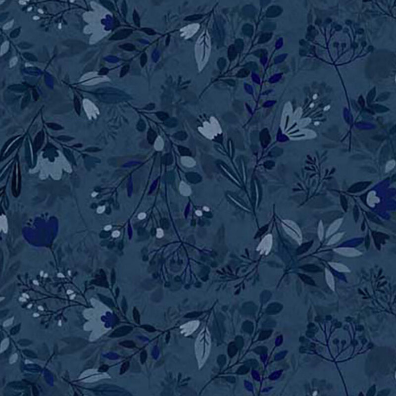 Tonal blue digitally printed fabric with stylized leaves and florals.