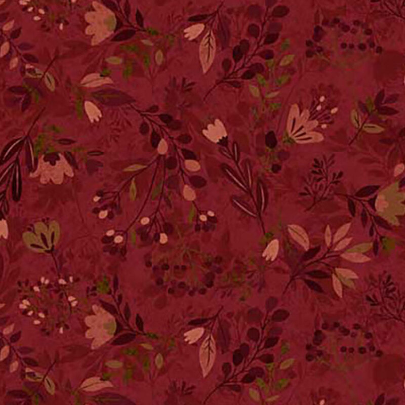 Tonal red digitally printed fabric with stylized leaves and florals.
