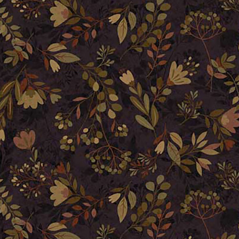 Black digitally printed fabric with stylized leaves and florals.