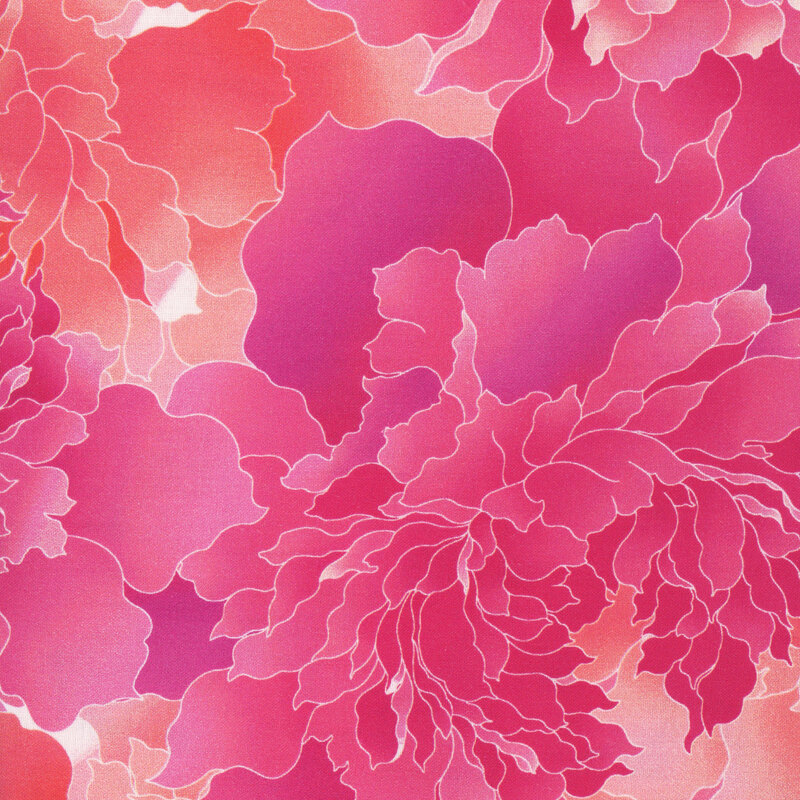 Fabric with a large peony design in tonal shades of pink and peach.