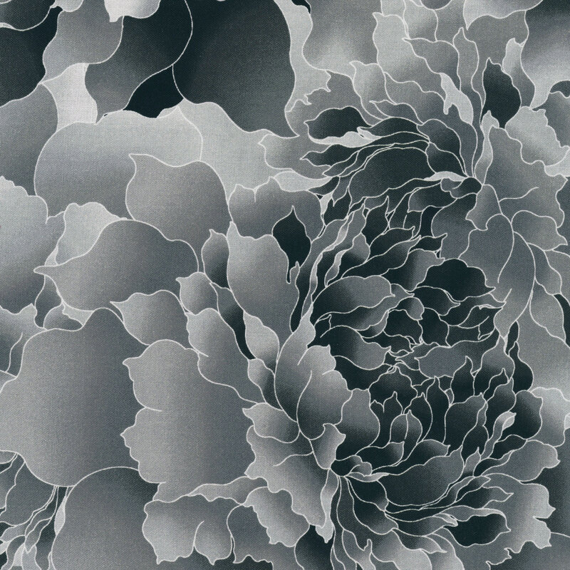 Fabric with a large peony design in tonal shades of gray and black.